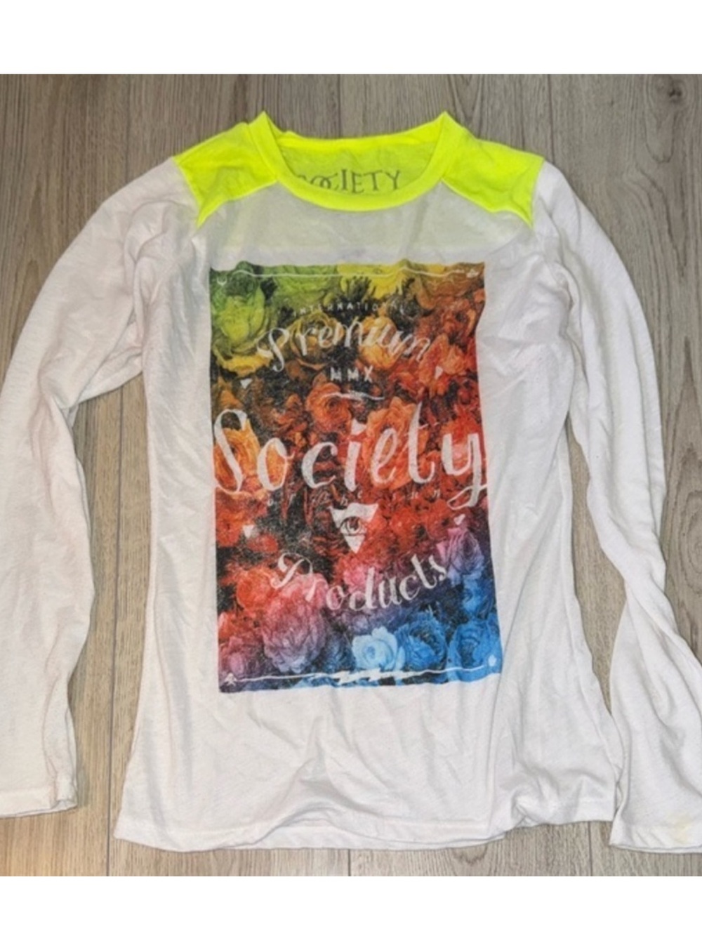 Society white yellow long sleeve shirt top